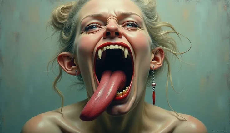 deformed woman with giant teeth and tongue,  impressionist painting style
