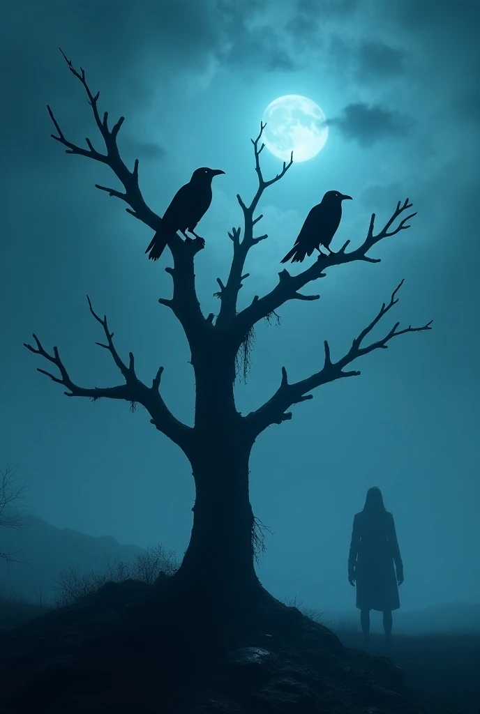 Two crows on a dead tree, A shadow shaped like a walker, Starry night, Thick fog on the ground, Blue light on the horizon, Unreal Engine 5, Cinematic, low angle photography, Motion blur, Depth of field, Dust, Cobblestones and dirt. Splash Art, dripping pai...