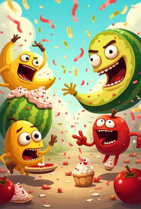 Crazy Fruit Fight:
"Cartoon fruit characters like bananas, watermelons, and apples with arms and legs, fighting each other with pies, whipped cream, and confetti."