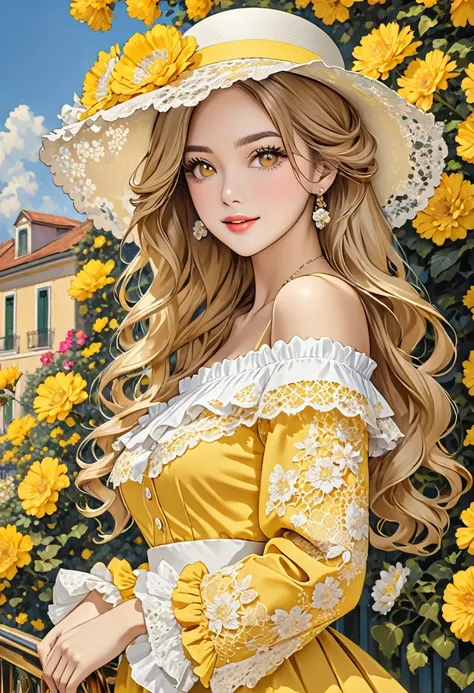 The image depicts a person wearing a stylish outfit consisting of an off-the-shoulder top with yellow and white lace ruffles. The sleeves are adorned with intricate lace patterns. The person also has long, wavy blonde hair and is wearing a large, elegant w...