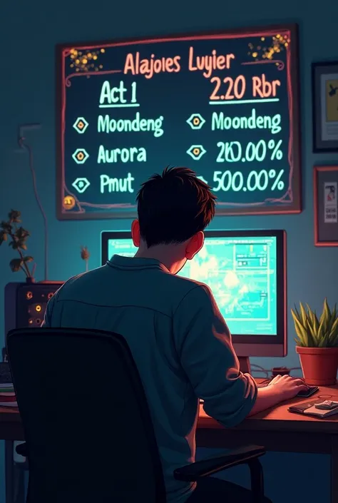 Unlucky Degen looking at the screen," with the names of tokens like "ACT 1", "MOONDENG" , "" AURORA" and "PNUT"  all 20000% up displayed prominently on the computer screen. The artwork captures the frustration and humor of missing out on big gains, using a...