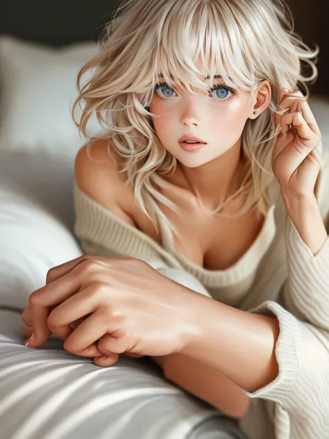 1 girl, gorgeous slender woman, wavy extremely short messy light colored hair, off-shoulder soft knit sweater dress, nothing underneath, laying in bed, extremely short pixie cut, legs spread wide open, aroused, erotic, embarrassed, horny, (best quality,4k,...