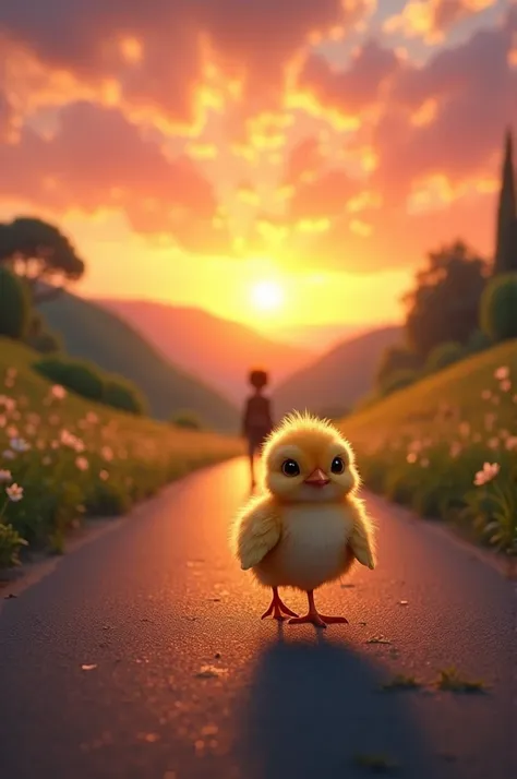 A chick crossing the road with a green landscape and a beautiful sunset in the background and a silhouette of someone waiting for him on the other side of the road 