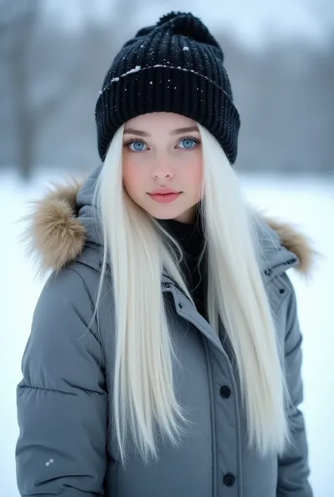 Create an image of a young woman in the snow She has very white skin Her hair is white  , smooth and long Her eyes are sapphire blue She wears a gray puffer jacket and a black cap
She is in front and looking at the camera