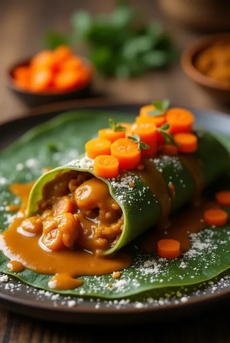 Bay leaf wrap , on top there is a gravy with carrots  , and flour