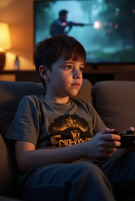 Make a boy photo who is sitting in a sofa. Playing free fire. In the t-shirt of the boy is printed a logo called supto. in RPG