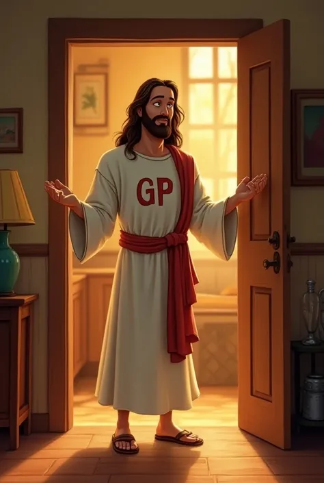 Jesus who enters a house standing at the door and on his shirt says GP type Disney animation