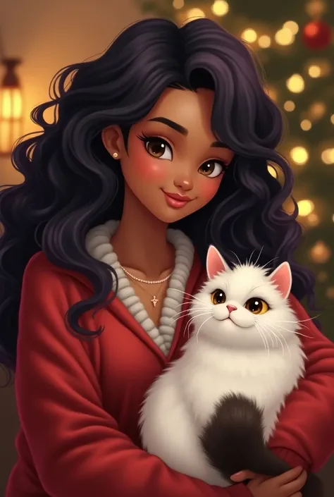 Chubby cuddly woman 
dark wavy black hair with purple rays that show brown skin with little bust

With Christmas clothes and a white cat with big black spots, brown and yellow  
