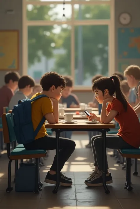 Lucas, of the same age, enters the cafeteria .  He carries a backpack and seems just as emotionally exhausted .  He sits at the table next to Sofía without realizing her presence,  distracted by his phone .