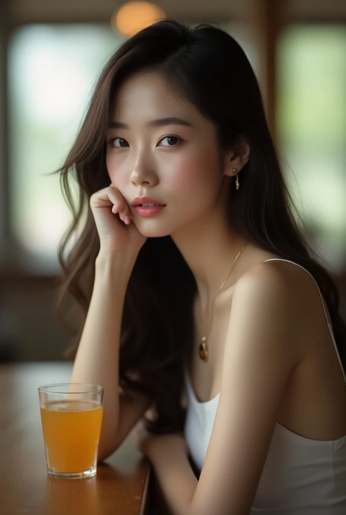 There is a woman sitting at a table with a drink in hand, a 若い asian woman,  holding a drink in hand,  taken with a Canon EOS 5D Mark IV ,  asian woman,  Beautiful Young Korean Woman , BEAUTIFUL KOREAN WOMAN ,  SHOT WITH CANON EOS R5 ,  GORGEOUS YOUNG KORE...