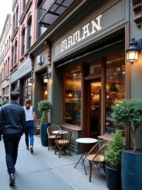 Photograph of the exterior facade of Maman restaurant in New York City, taken from the perspective of someone arriving around 12 PM. The building’s charming front features rustic French-inspired decor with weathered wood details, large glass windows, and M...