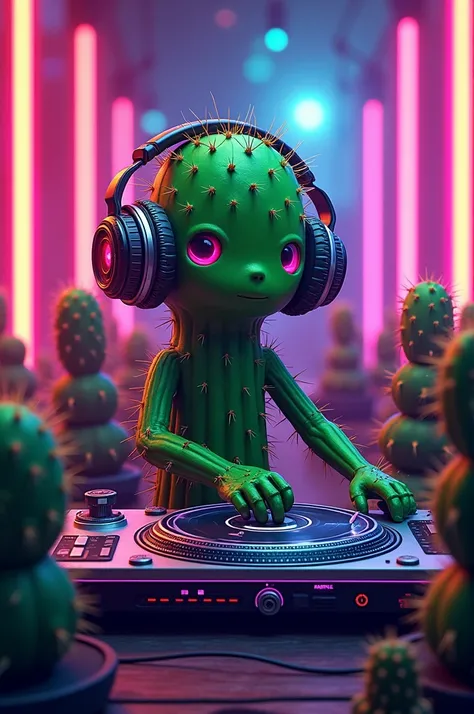 Cactus DJ:
"A DJ cactus with headphones and a turntable, mixing music with its prickly arms, surrounded by dancing cacti and neon lights."