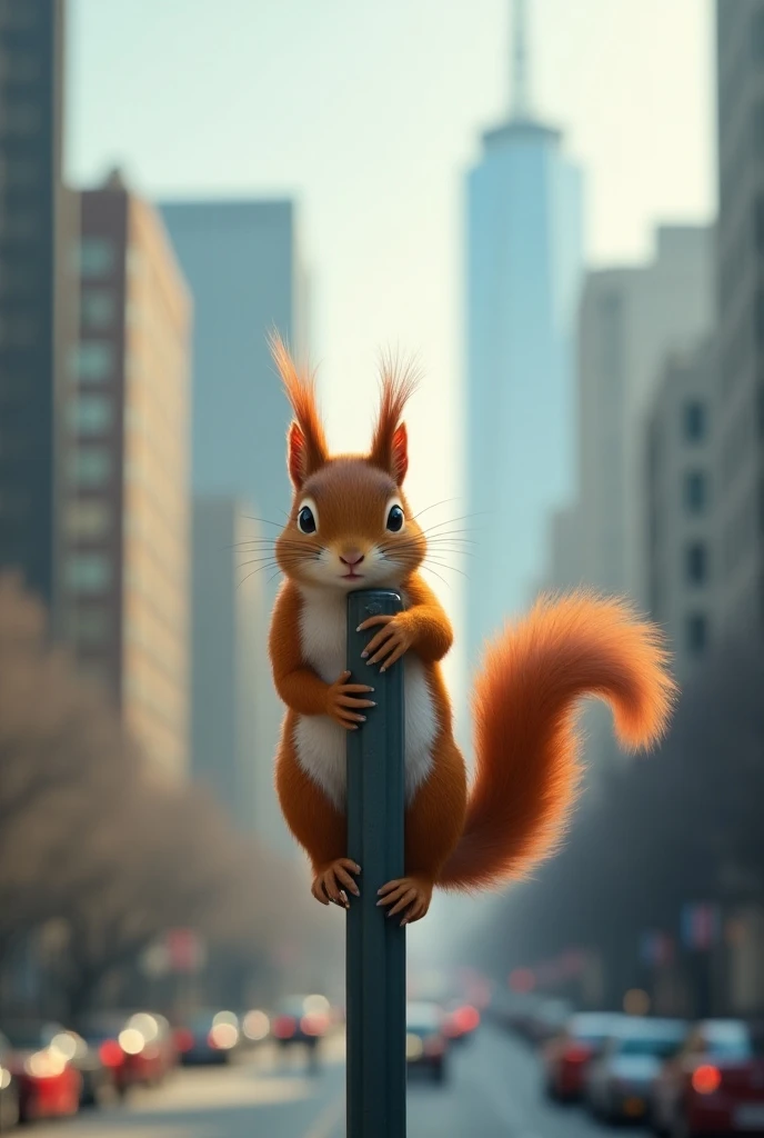 A squirrel spinning a street lamp