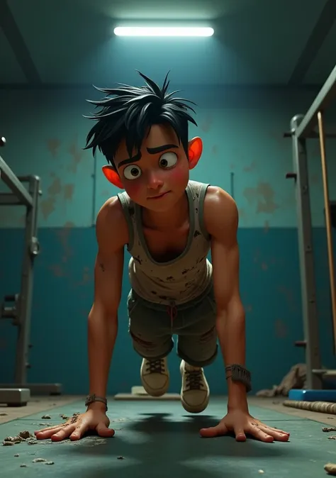 A teenage boy (Mutosh), wearing tattered clothes and sneakers, sweating as he practices push-ups. 
A dimly lit gym with old equipment and peeling paint. There’s a flickering light overhead. 
Vibrant 3D animation with cinematic lighting, emphasizing Mutosh’...