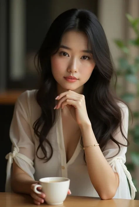 There is a woman sitting at a table with a drink in hand, a 若い asian woman,  holding a drink in hand,  taken with a Canon EOS 5D Mark IV ,  asian woman,  Beautiful Young Korean Woman , BEAUTIFUL KOREAN WOMAN ,  SHOT WITH CANON EOS R5 ,  GORGEOUS YOUNG KORE...