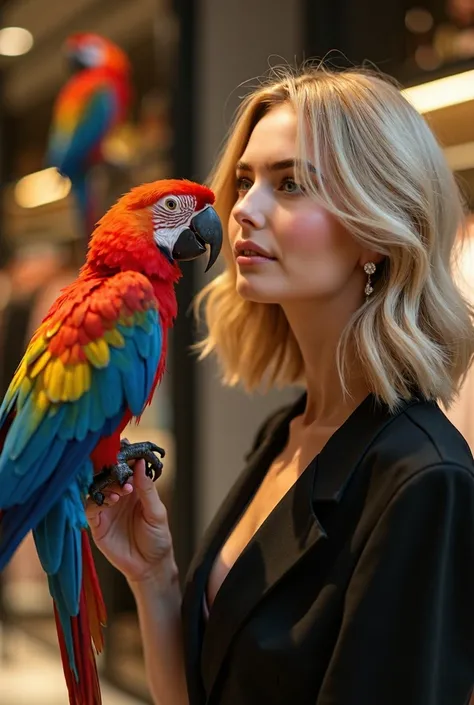 Stylish and elegant blonde woman with medium wavy hair in a store fiddling with macaws