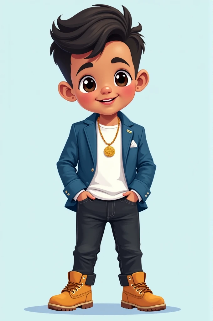 A cute cartoon-style illustration of a young smart baby boy with a smile front, wearing a blue suit, white tshirt with gold necklace with black jeans and a timberland shoes on it with name "YBRAHIM" under it. The baby has normal eyes and black hair. The ba...