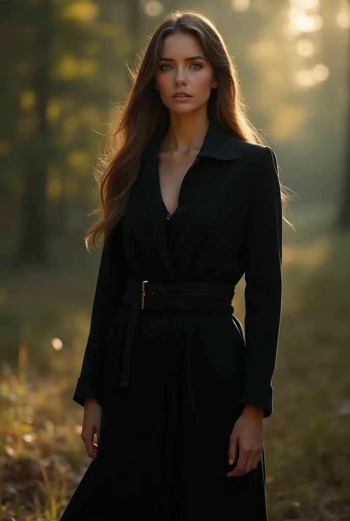 stunning young woman wearing a long black coat. She has long brown hair. She is outdoor.