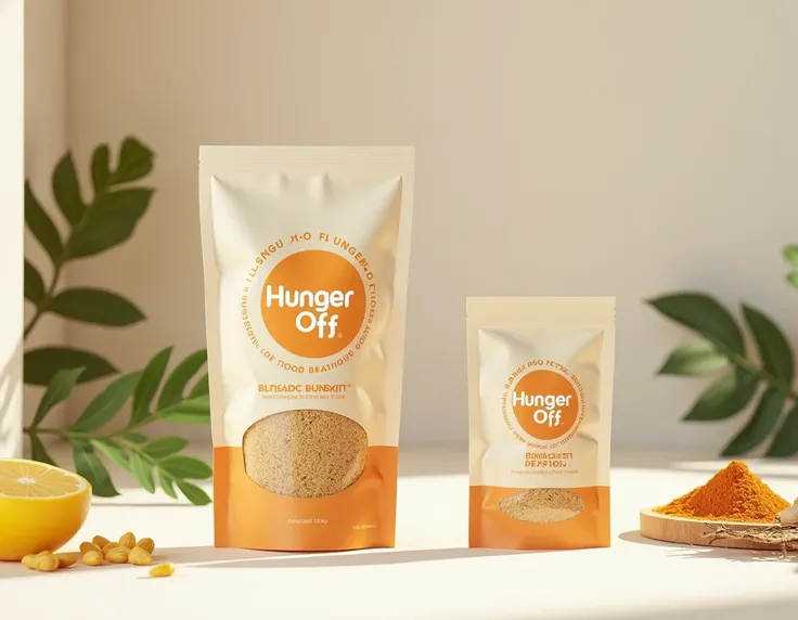 Give me images of a food product in a sachet based on natural food powder called hunger off one in a large size and a small one