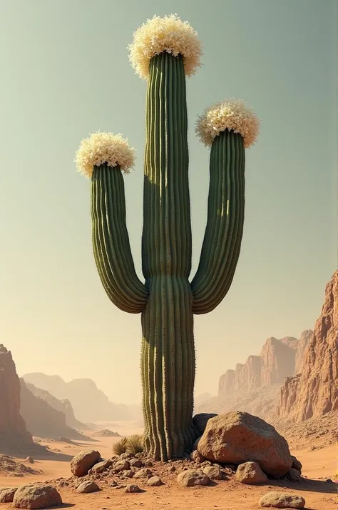 " A tall and imposing mandacaru in an arid terrain , with dry soil and some rocks surrounding .  The plant has some white flowers on the tips ,  standing out against the dry background and representing the resistance of the Caatinga."
