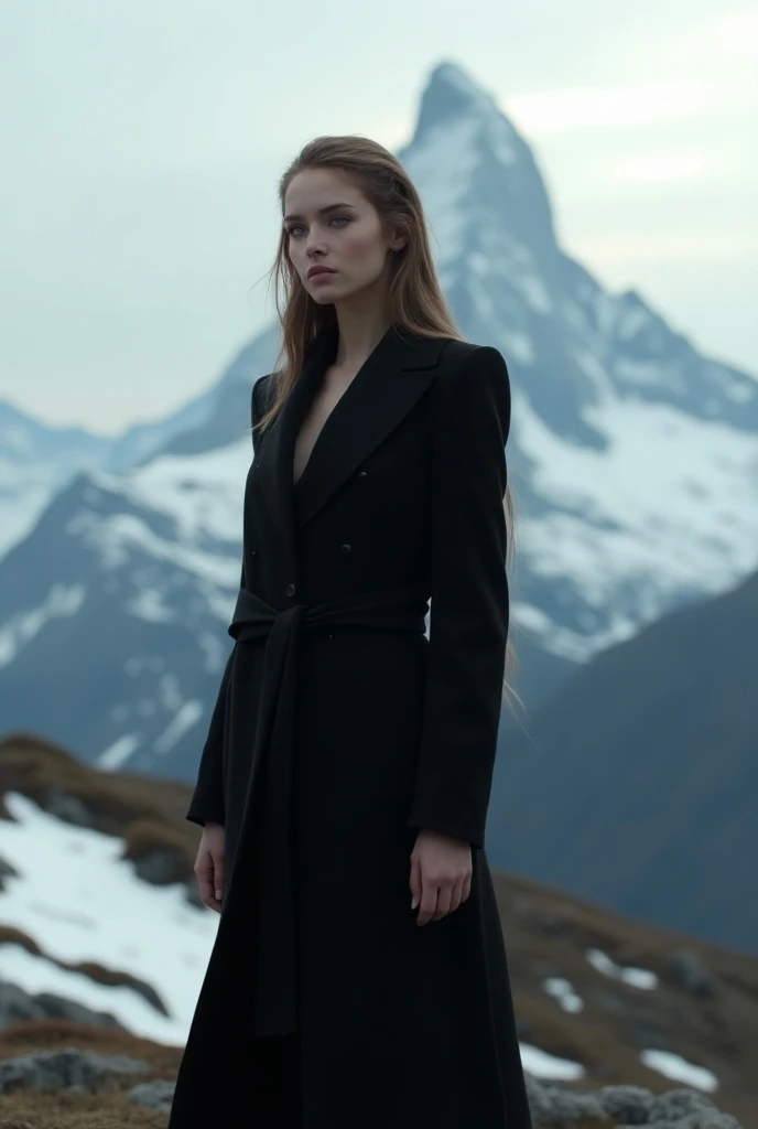 stunning young woman wearing a long black coat. She has long brown hair. She is in a mountain landscape.