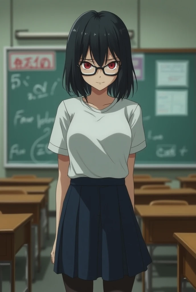 An intimidating red-eyed girl , wears glasses, with a dark smile,  with pale skin and black hair , wearing a school uniform wearing a white t-shirt,  wearing a short skirt and stockings,  is standing in the school classroom, staring blankly with a smug smi...