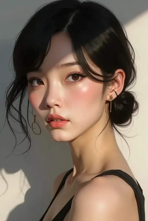 Crée une image dune asiatique à la peau claire, sans barbe, aux cheveux noires et aux sourcils foncés. Mettez-lui un piercing à loreille Regardant le spectateur, 