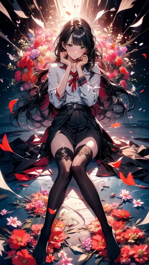 High Resolution, UHD, Super Detailed, beautiful girl in school uniform, lying sideways in flowers, Ultra-Wide Angle, sexy long legs with stockings, falling flower petals, surrounded flowers, Best Quality, barefoot, natural short black coloured hair, detail...