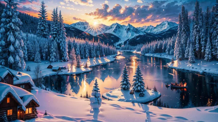 Beautiful winter scene, Thomas Kinkade, mountain lake with an old log cabin in the clearing, campfire in front of the cabin, snowman next to the cabin, red canoe on the shore next to the lake, soft glow coming from the windows in the cabin, ducks flying ov...