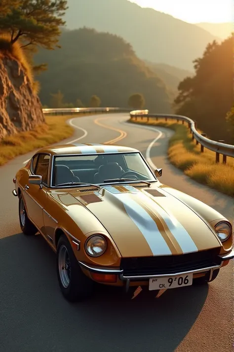 A light brown Datsun J15 on the sides with white and gold stripes on the roof and hood