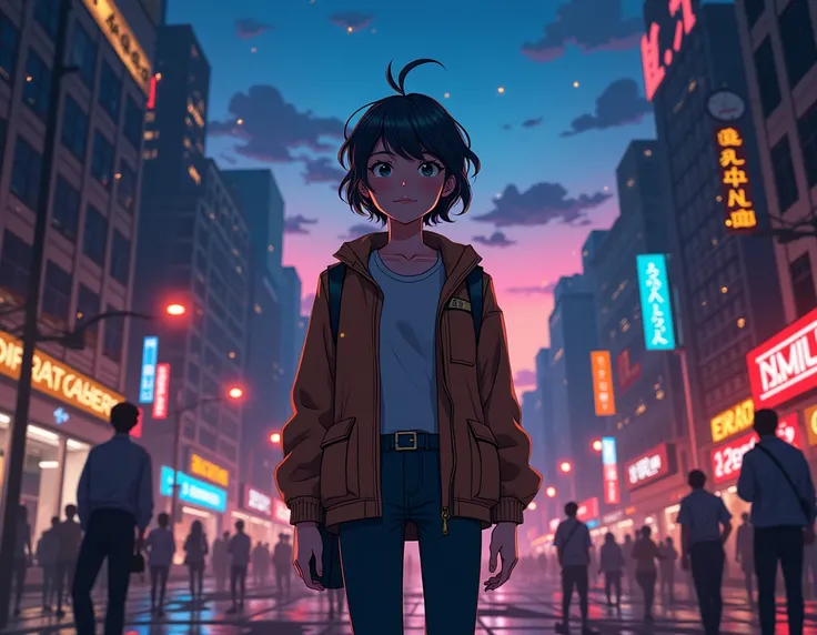  a lively city at dusk ,  the lights start to sparkle . The main character (the person, The “go on” )  stands in the middle of the scene and looks determined,  with a slightly playful smile .  The camera zooms in on the character ,  who dynamically goes in...