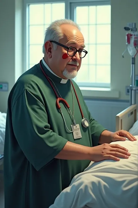  Chubby priest wearing glasses , tracheostomized ,  caring for people in a hospital