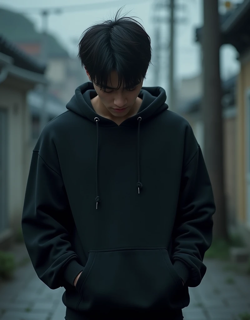 A handsome Korean man is wearing a black sweatshirt WITHOUT a zipper with a hood without ties, hands in pocket"kangaroo" head down on a cool Korean background 