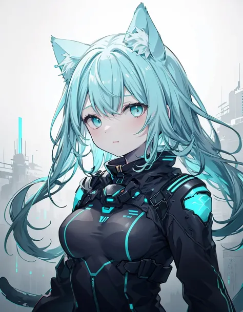 4K, cat ear, pale skin, medium breasts, aqua colored eyes, blue and aqua color hair, masterpeice, high quality illustration, digital art,