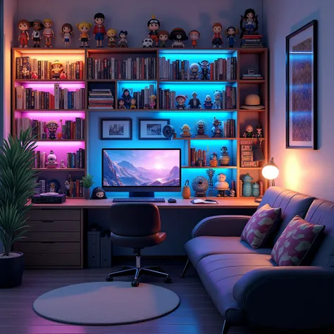  Create an image of an otaku bedroom set /modern and well-lit nerd ,  decorated for the anime niche .  The environment must be rich in detail and organized to be a visually appealing background.  Include the following shelf elements on the walls and floor ...