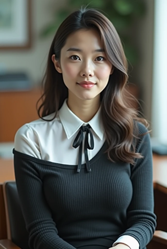 (japanese woman:1.5), 30 y.o, detailed face and eyes, (8k, RAW photo, best quality, masterpiece:1.2), (realistic, photo-realistic:1.37), ultra-detailed, ultra high res, high quality, high resolution, very detailed, office room, ((black off shoulder straigh...