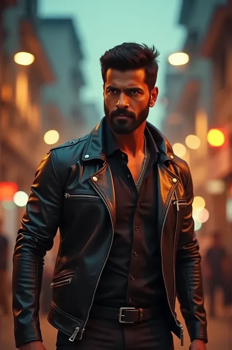 A dynamic South Indian movie star with charisma similar to Allu Arjun, confidently standing in a powerful pose. He has a well-groomed beard, intense eyes, and is dressed in a stylish leather jacket that enhances his strong, action-hero presence. The backgr...