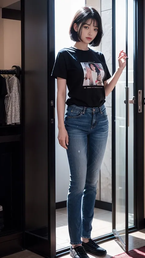  高精細画像付き，  Movie Scene 、Lucy_origin,jeans,T-Shirts, hotel glass door with high definition picture、 shortcut, Black Hair, 