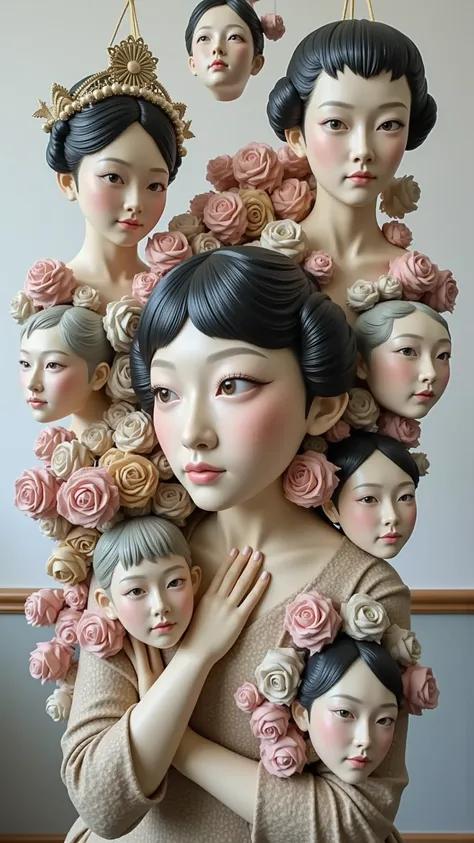 Expressionist artwork images of multiple floating ceramic heads of japanese women, 3d collage style, make it weird and gallery worthy