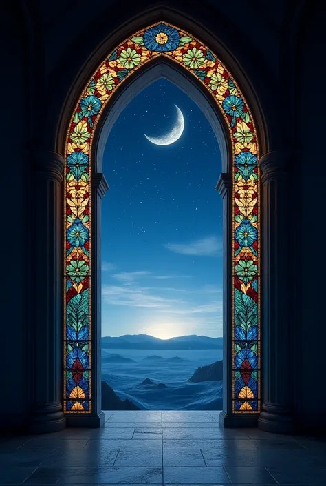 Stained glass window divided from a starry landscape at night