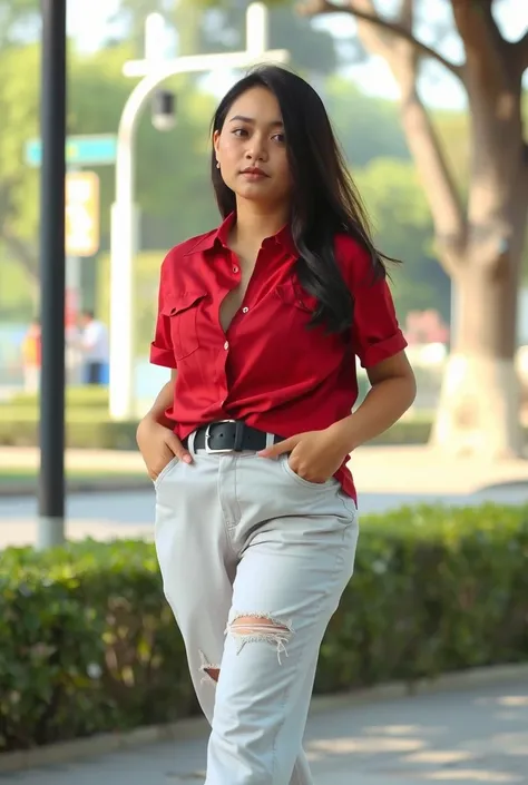 (8K, best quality, high-resolution:1.35),(Raw photo:1.2), (Photorealsitic:1.37), (amateur: 1.25), ((full body)), close up, Indonesian woman, innocent, cute, chubby, round face, shy, shame,red shirt, white trousers, cleavage, walking in park