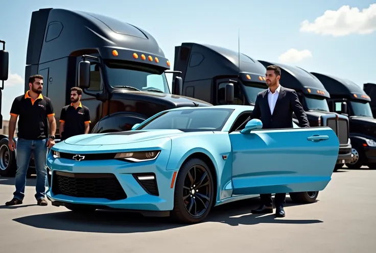  Realistic photo of a light blue Chevrolet Camaro car , From it comes out a Guatemalan man in a suit ,  are working parked in an outdoor parking lot with black Peterbilt headboards with orange stripes,  where men wearing denim pants and a black polo shirt ...