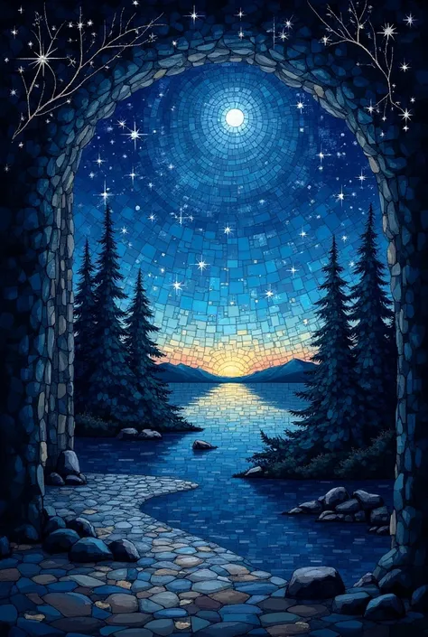 Mosaic stained glass window of a starry landscape at night