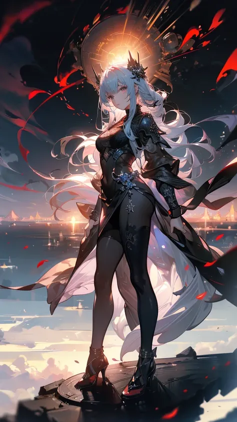  A woman standing on the battlefield， Epic fighting atmosphere ，Sea of fireworks，Silver Bell Bing Xin ，magician，Magic Circle， Falling Petals， Detailed facial features ， Perfect body proportions ， in the snowy mountains， Beautiful Eyes ，Fantasy style， white...