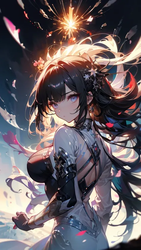  A woman standing on the battlefield， Epic fighting atmosphere ，Sea of fireworks，Silver Bell Bing Xin ，magician，Magic Circle， Falling Petals， Detailed facial features ， Perfect body proportions ， in the snowy mountains， Beautiful Eyes ，Fantasy style， white...