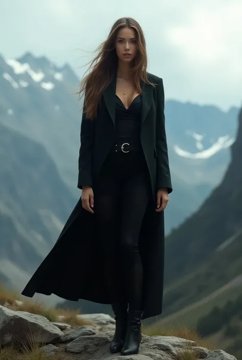 A stunning young woman wearing a long black coat, her long brown hair framing her face, toned physique, standing in a majestic mountain landscape, looking directly at the viewer