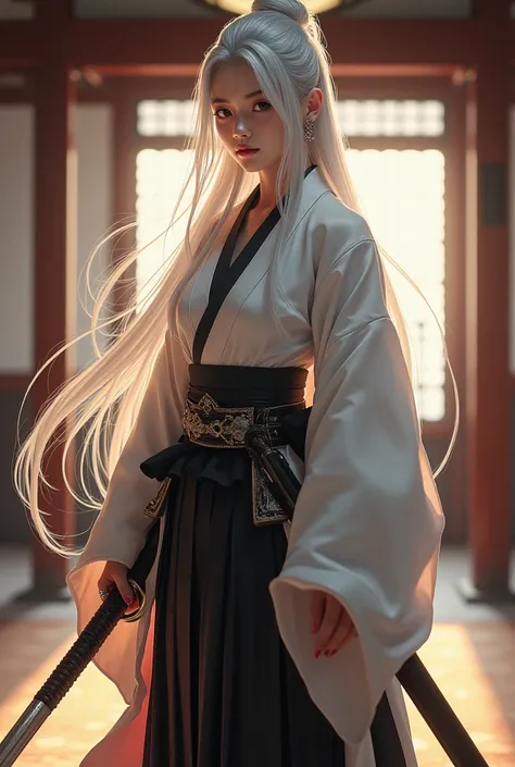 Beauty female samurai, she has long white hair, wearing kimono, armed with a katana, dojo room, detailed body shape, perfect beauty Korean face oval head, holding katana, full body, japanese background artwork, masterpiece, whole body in picture, with kata...