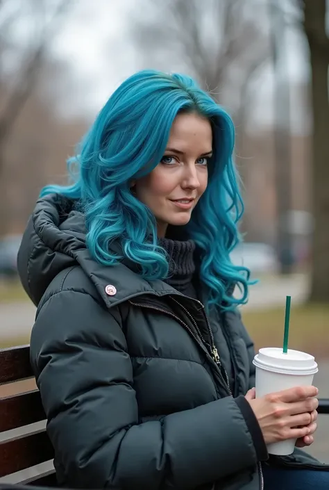 Hot blue haired woman big bust . Take a lunch break on a park bench . She is wearing a jacket because it is cold and slightly cloudy and holds a coffee from Starbucks