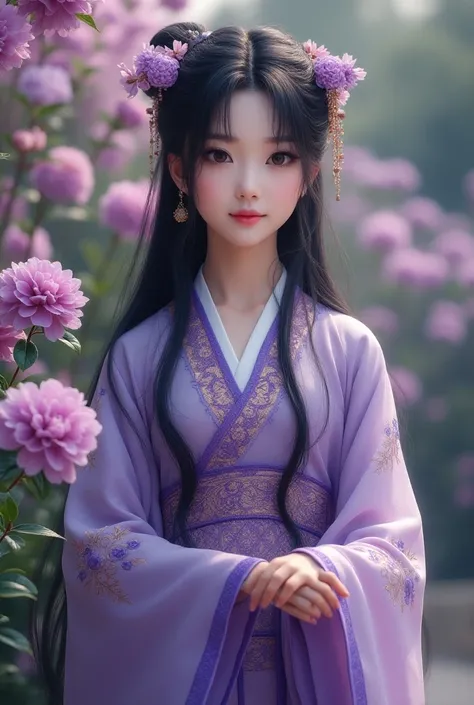 Black-eyed girl with black long hair wearing hanfu with transparent purple gold embroidery is among purple flowers in the palace garden