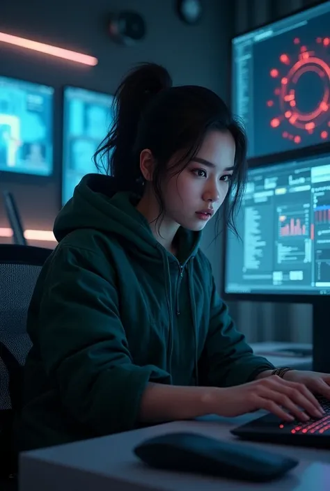  Hacker girl in front of a computer, illuminated by the screen , futurist,  in realistic and hyper-detailed style 